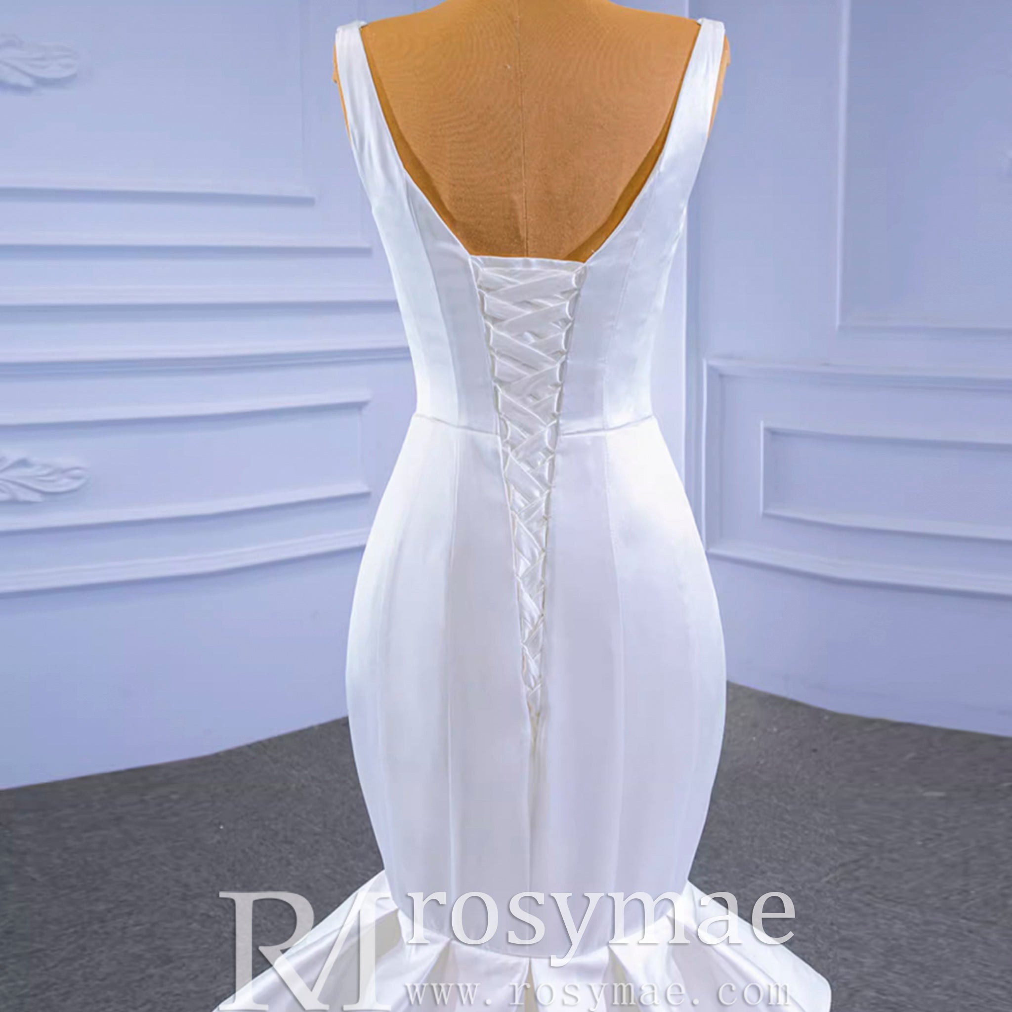 Modest V-neck Mermaid Country Satin Wedding Dress with Ruffle - Rosymae
