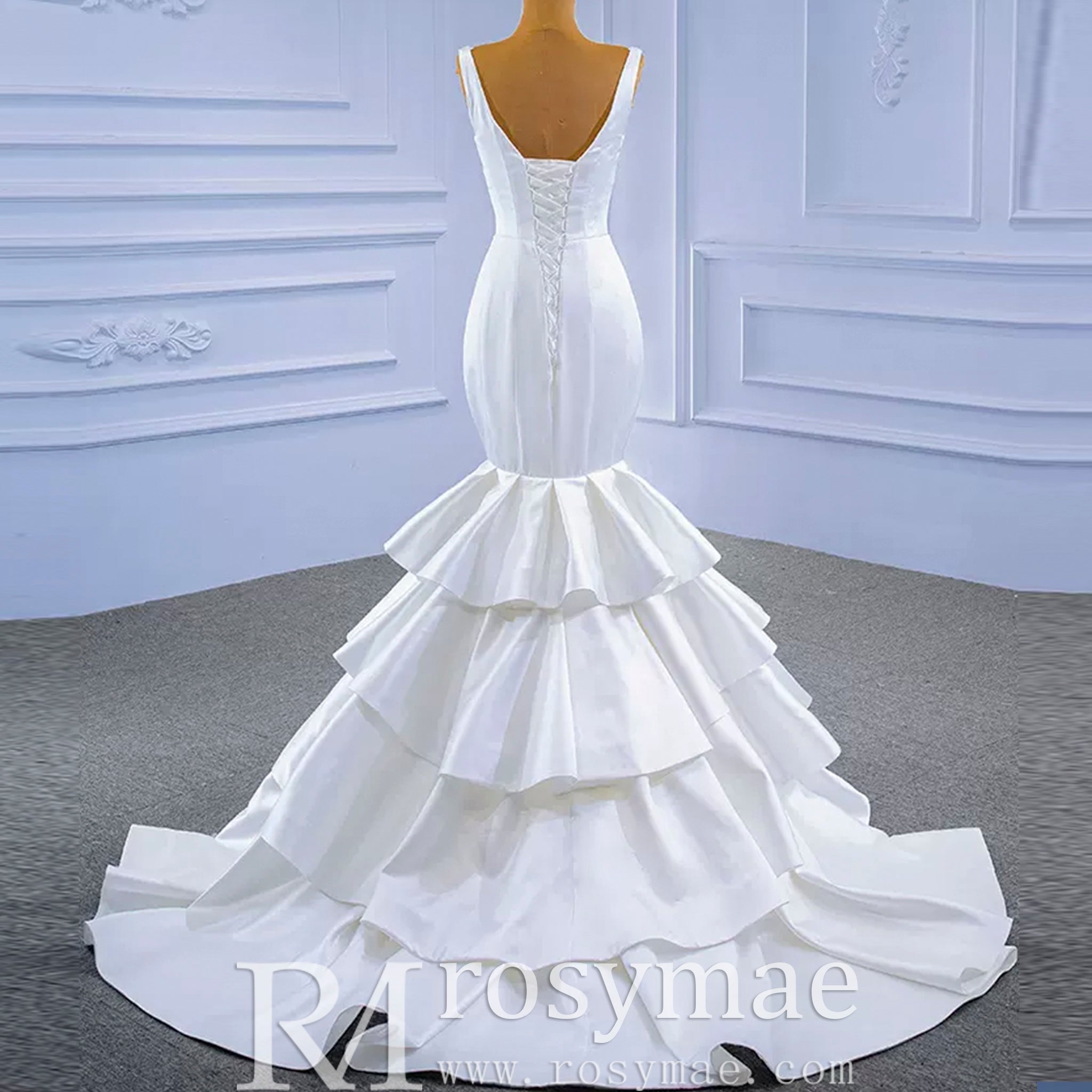 Modest V-neck Mermaid Country Satin Wedding Dress with Ruffle - Rosymae