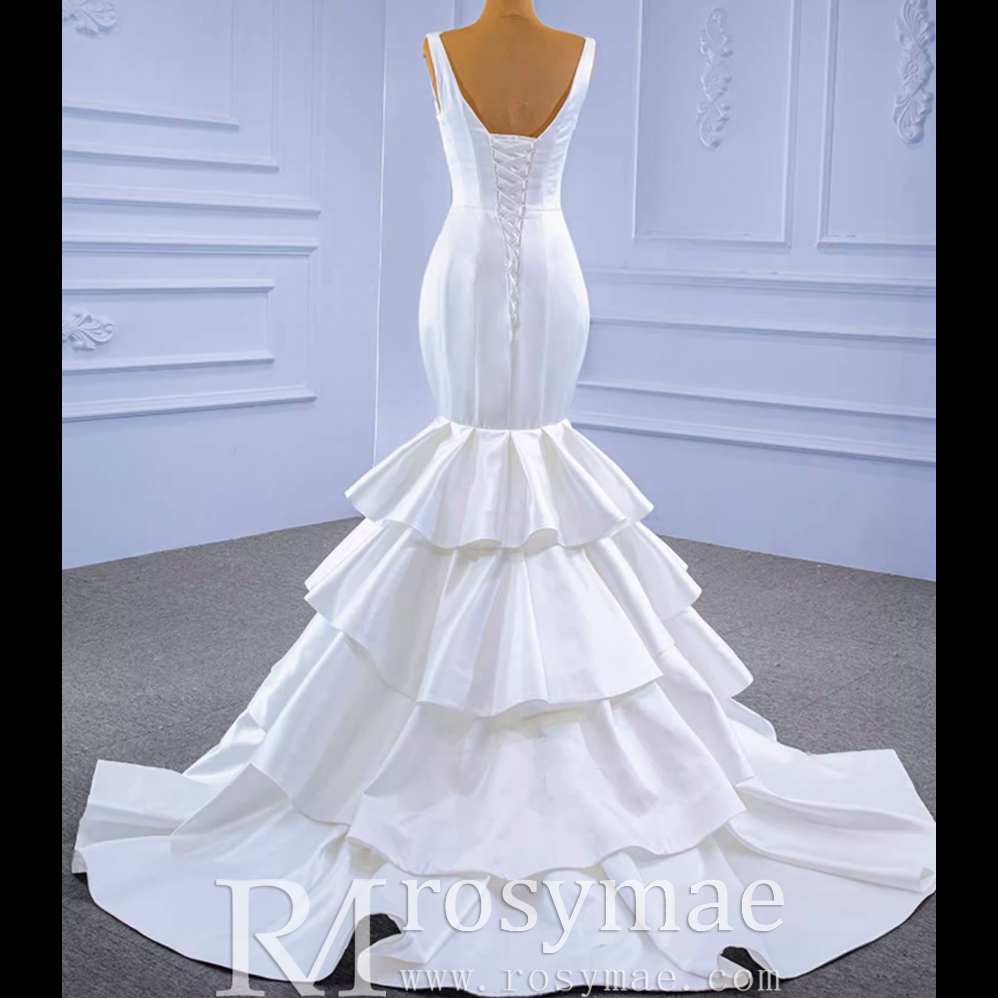 Modest V-neck Mermaid Country Satin Wedding Dress with Ruffle - Rosymae