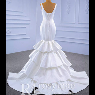 Modest V-neck Mermaid Country Satin Wedding Dress with Ruffle - Rosymae