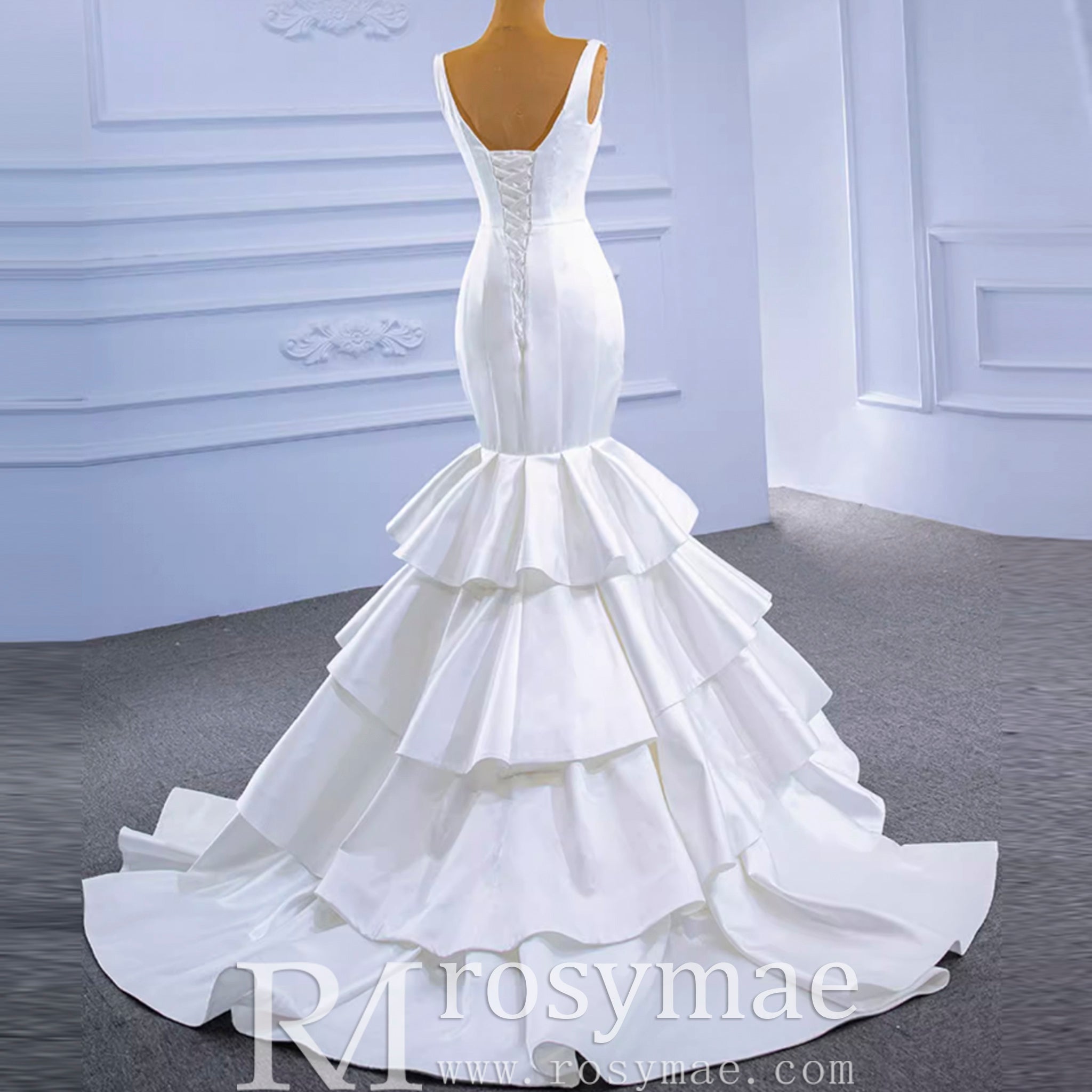 Modest V-neck Mermaid Country Satin Wedding Dress with Ruffle - Rosymae