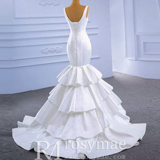 Modest V-neck Mermaid Country Satin Wedding Dress with Ruffle - Rosymae