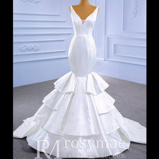 Modest V-neck Mermaid Country Satin Wedding Dress with Ruffle - Rosymae