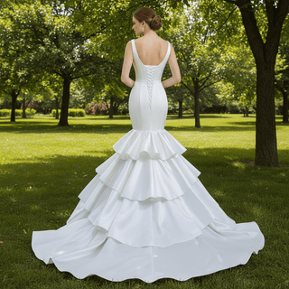 Modest V-neck Mermaid Country Satin Wedding Dress with Ruffle - Rosymae