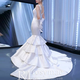 Modest V-neck Mermaid Country Satin Wedding Dress with Ruffle - Rosymae