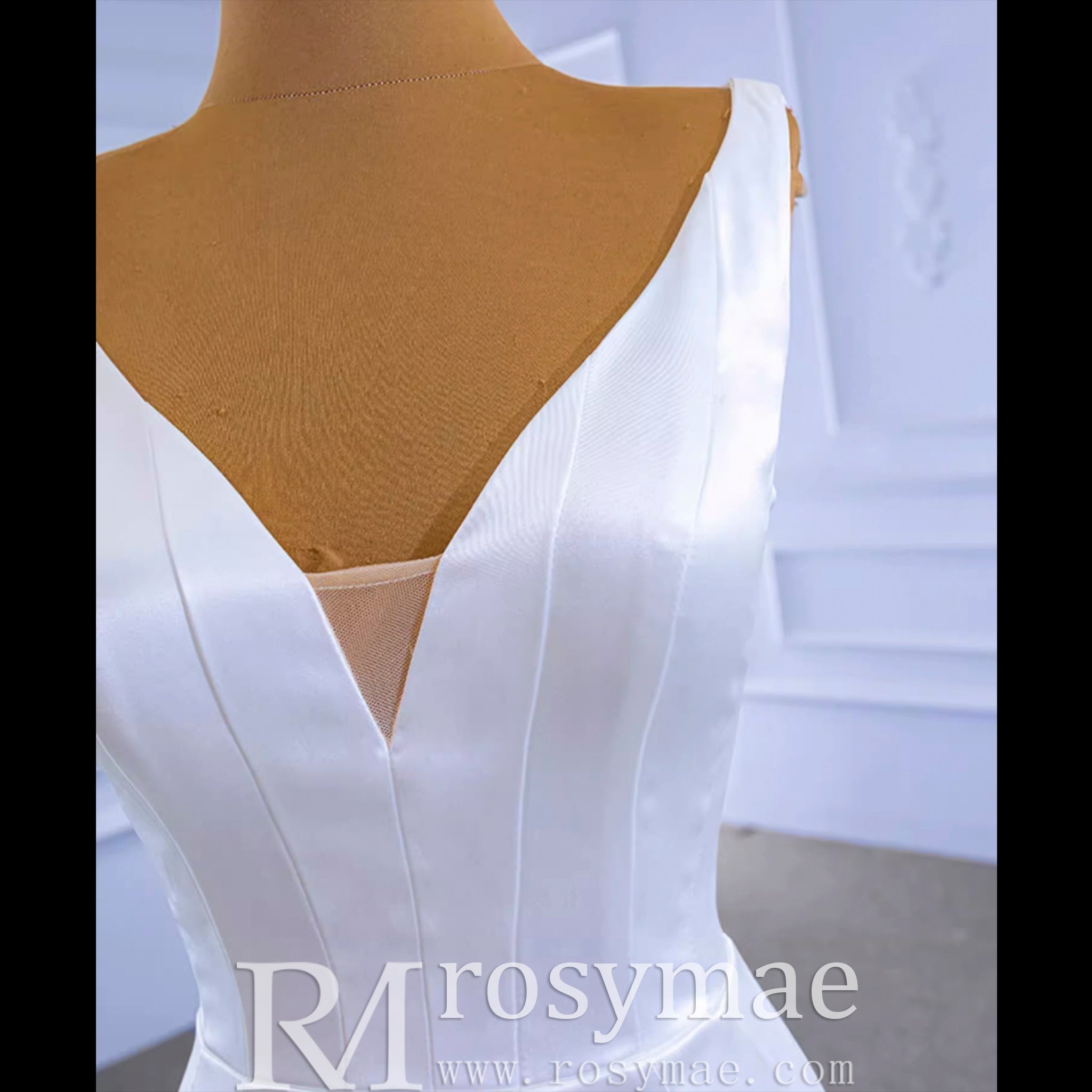 Modest V-neck Mermaid Country Satin Wedding Dress with Ruffle - Rosymae