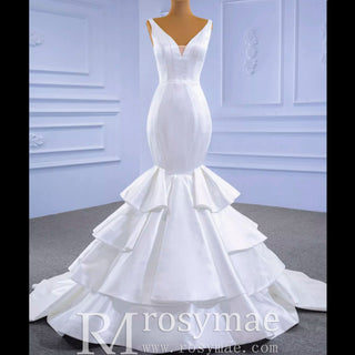 Modest V-neck Mermaid Country Satin Wedding Dress with Ruffle - Rosymae