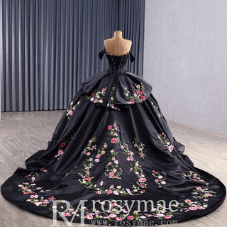 Modular Black Quinceañera Dress 3-in-1 Convertible with Embroidered Floral Details - Rosymae