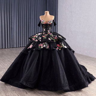 Modular Black Quinceañera Dress 3-in-1 Convertible with Embroidered Floral Details - Rosymae