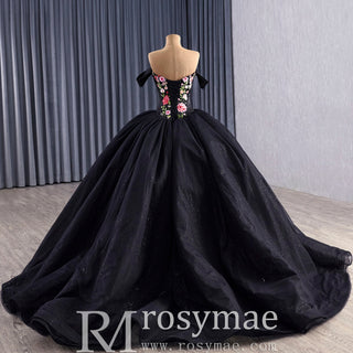 Modular Black Quinceañera Dress 3-in-1 Convertible with Embroidered Floral Details - Rosymae