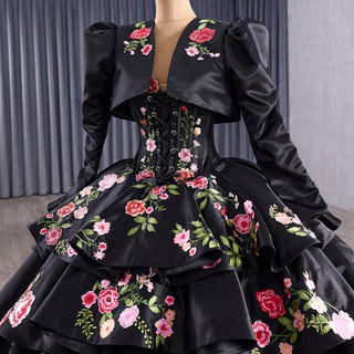 Modular Black Quinceañera Dress 3-in-1 Convertible with Embroidered Floral Details - Rosymae