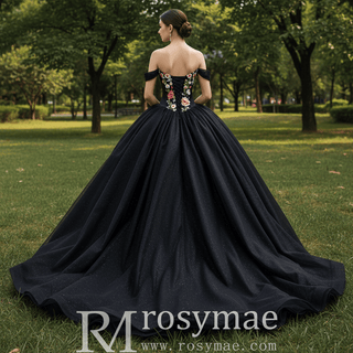 Modular Black Quinceañera Dress 3-in-1 Convertible with Embroidered Floral Details - Rosymae
