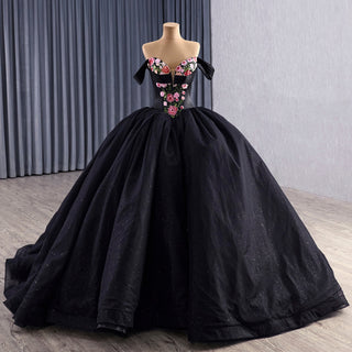 Modular Black Quinceañera Dress 3-in-1 Convertible with Embroidered Floral Details - Rosymae