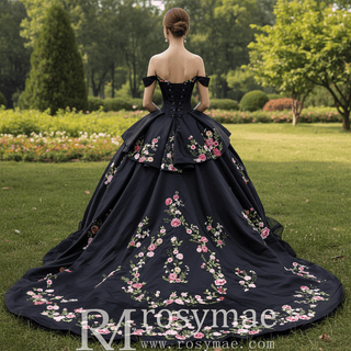 Modular Black Quinceañera Dress 3-in-1 Convertible with Embroidered Floral Details - Rosymae