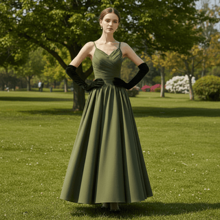 Moss Green Spaghetti Strap Formal Dress with Tea Length for Women - Rosymae