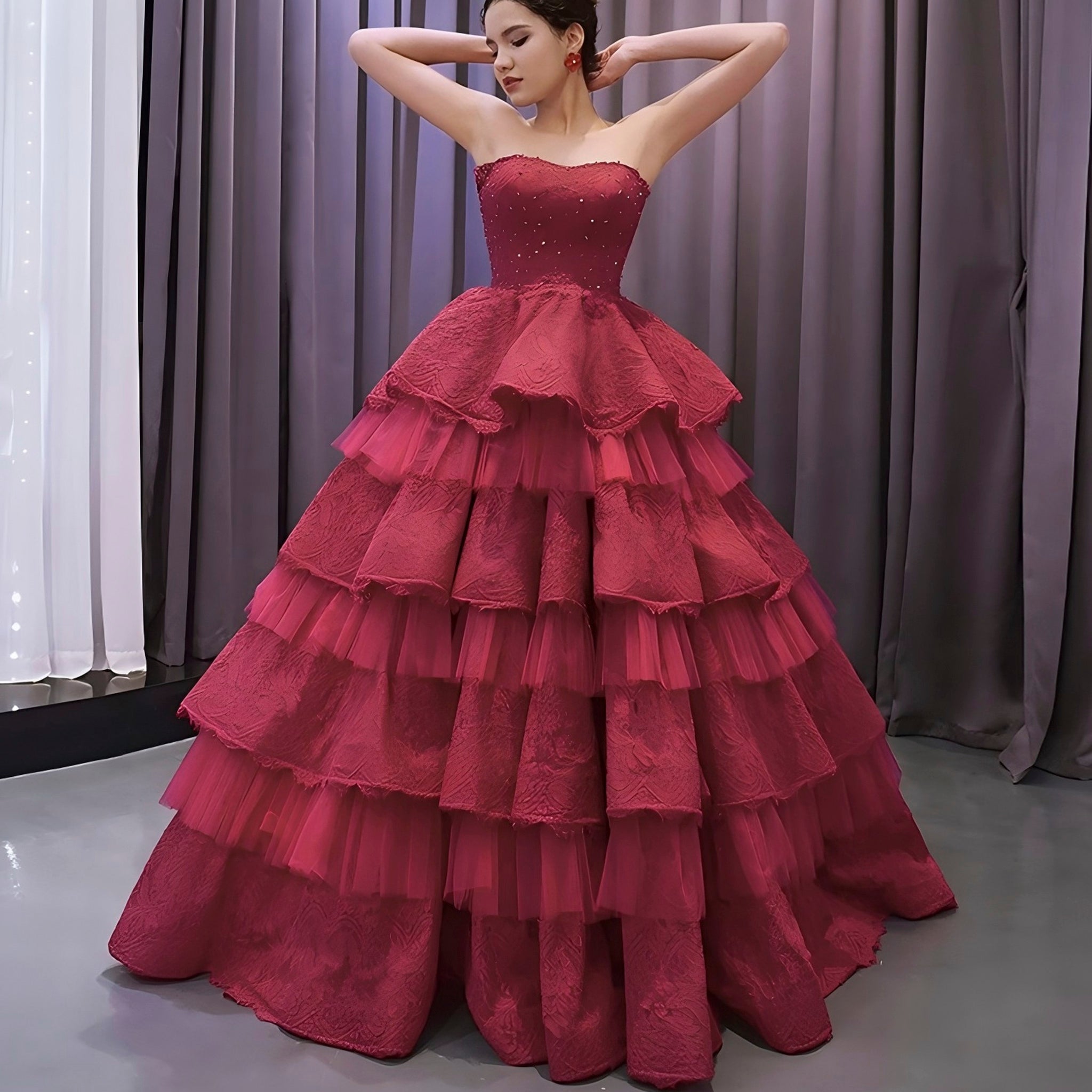 Strapless Multi Tiered & Ruffled Prom Dresses with Floral Lace Burgundy / 16W Strapless Multi Tiered & Ruffled Prom Dresses with Floral Lace Burgundy / 16W