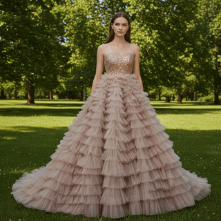 Multi-Layered Ruffled Tulle Princess Formal Dress with Shimmering Beaded Bodice - Rosymae