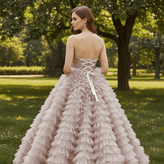 Multi-Layered Ruffled Tulle Princess Formal Dress with Shimmering Beaded Bodice - Rosymae