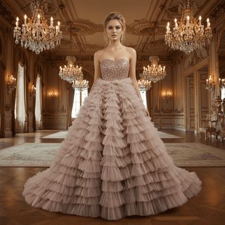 Multi-Layered Ruffled Tulle Princess Formal Dress with Shimmering Beaded Bodice - Rosymae