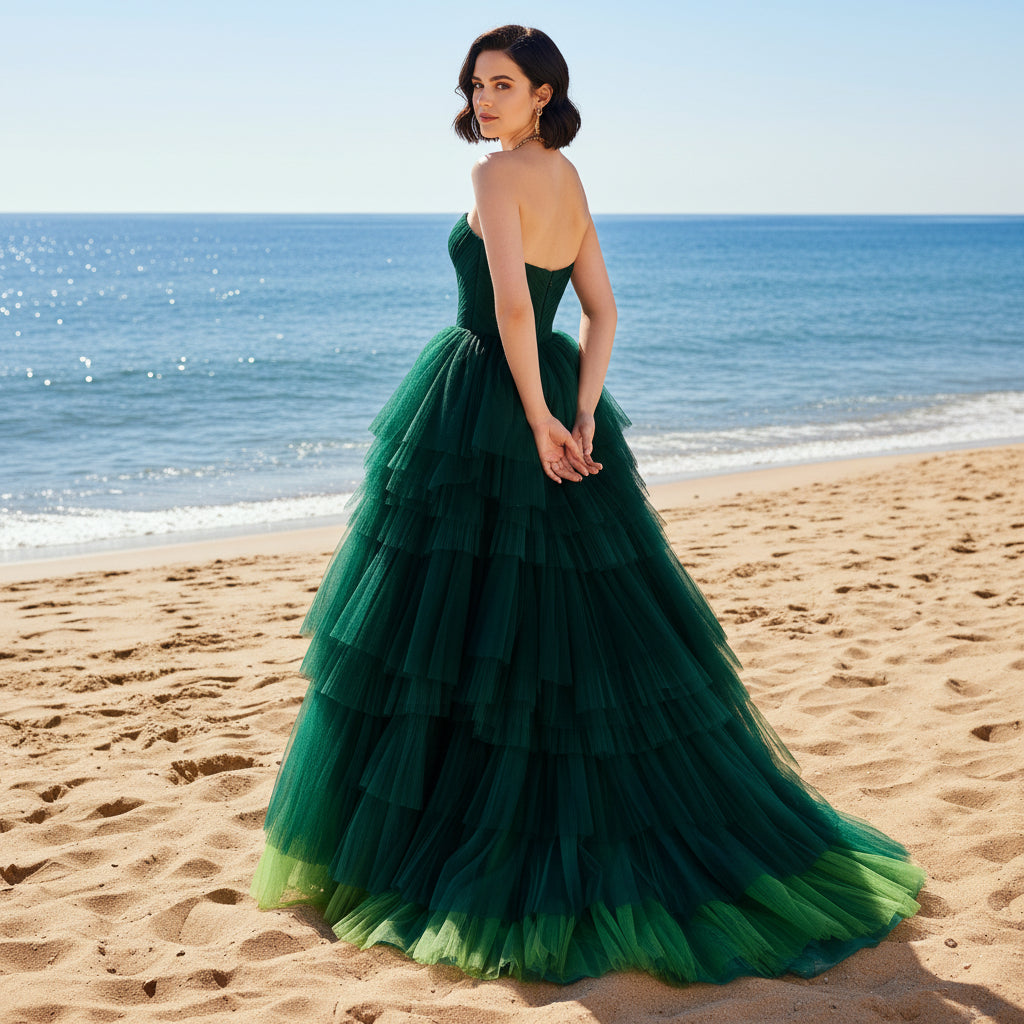 Strapless Hunter Green Wedding Dress with Multi-Level Tulle Custom Color / 0 Strapless Hunter Green Wedding Dress with Multi-Level Tulle Custom Color / 0
