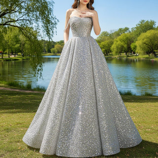 Multi Silver Sparky Sequins Off Shoulder Formal Evening Prom Dress - Rosymae