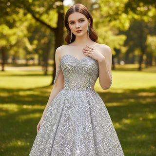 Multi Silver Sparky Sequins Off Shoulder Formal Evening Prom Dress - Rosymae