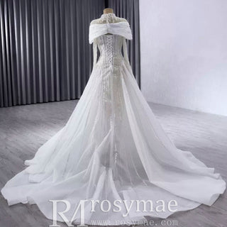 Muslim Style High Neck Sparkly Wedding Dress with Detachable Jacket - Rosymae