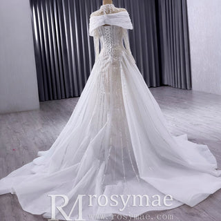Muslim Style High Neck Sparkly Wedding Dress with Detachable Jacket - Rosymae