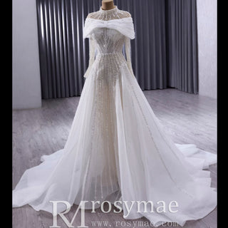 Muslim Style High Neck Sparkly Wedding Dress with Detachable Jacket - Rosymae