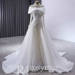Muslim Style High Neck Sparkly Wedding Dress with Detachable Jacket - Rosymae