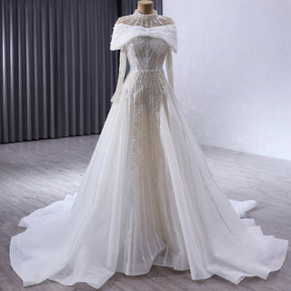 Muslim Style High Neck Sparkly Wedding Dress with Detachable Jacket - Rosymae