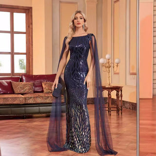 Navy Blue Capped Sleeves Evening Party Dress Backless Prom Dress - Rosymae