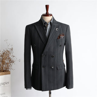 New Double Breasted Cool Korean Fashion Slim Fit Grey Men's Suit Set - Rosymae