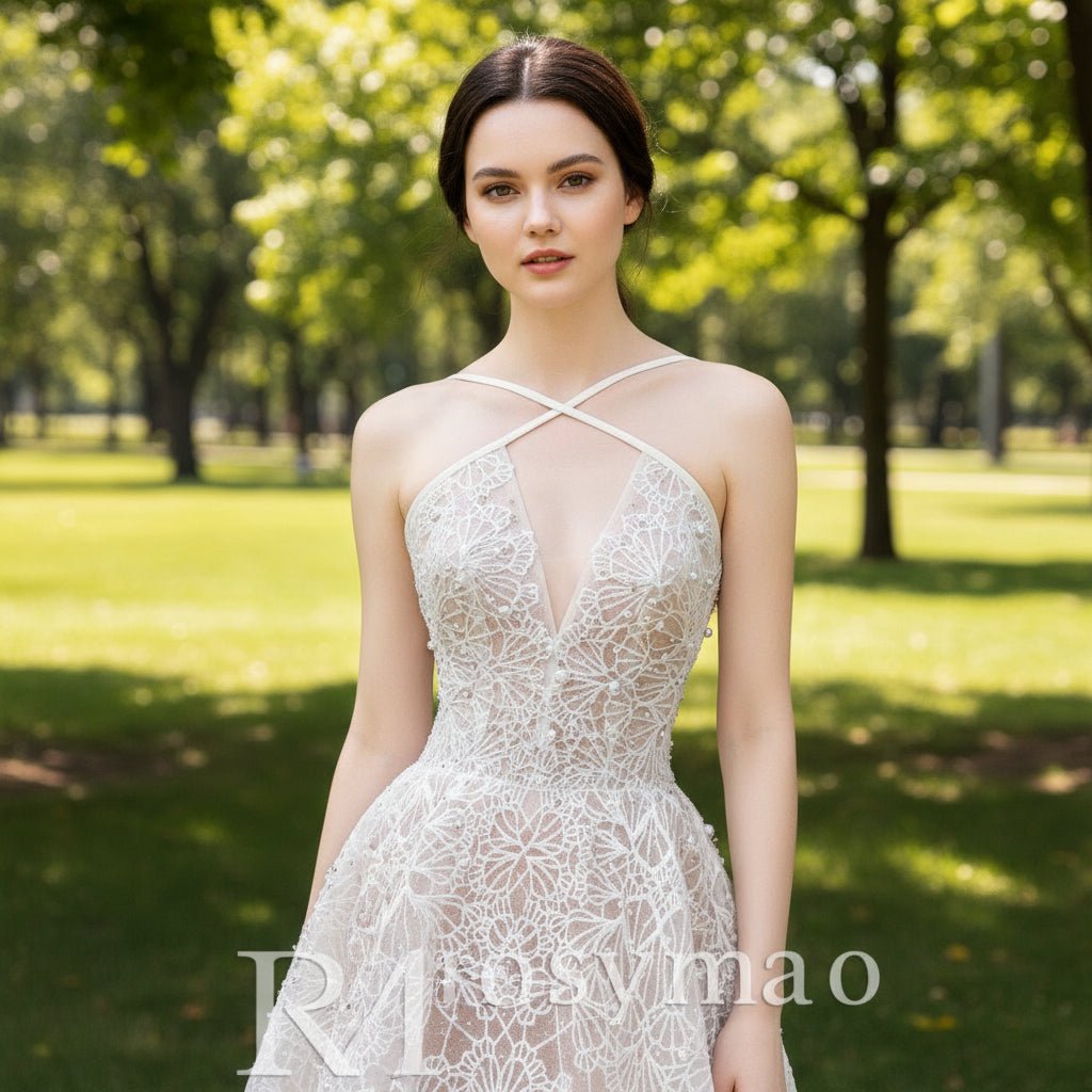 Newest Wedding Dress A-Line Lace V-neck with Spaghetti Straps - Rosymae