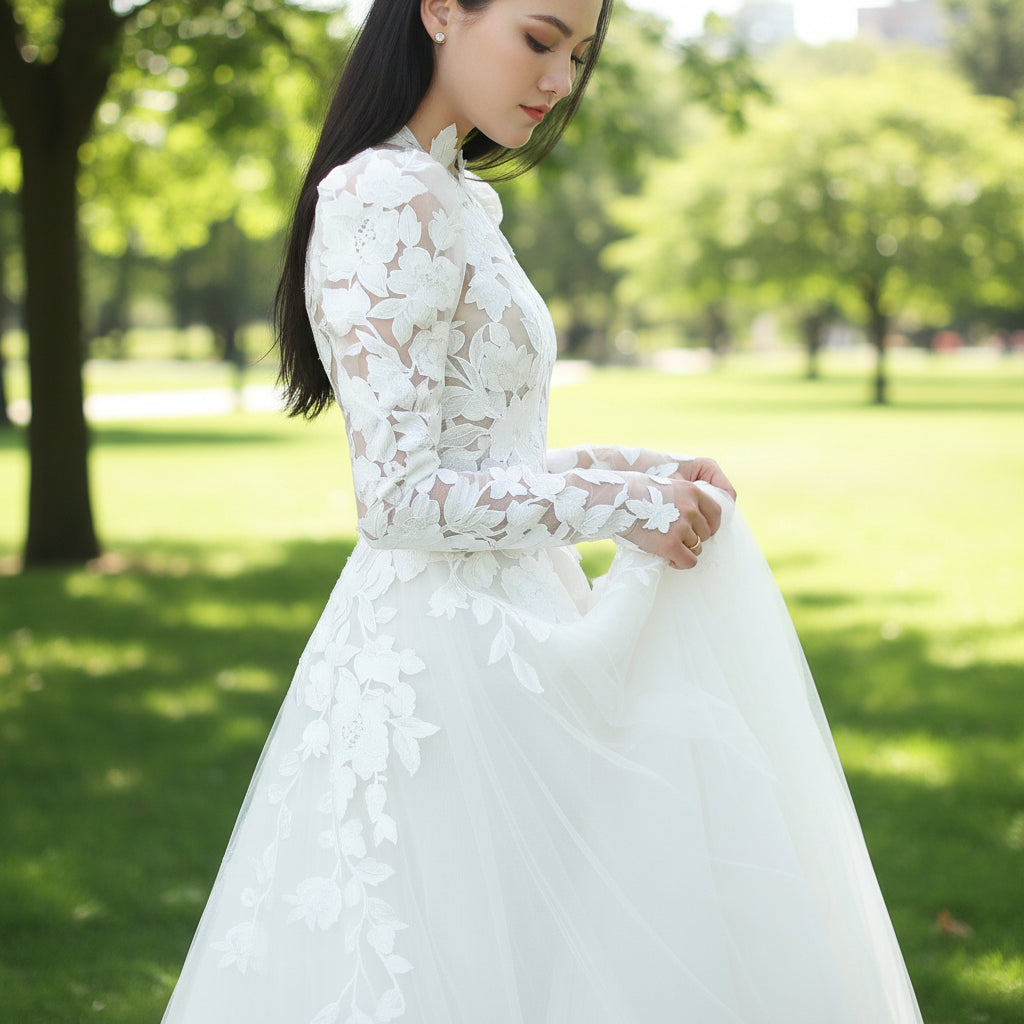 Long Puffy Sleeve Wedding Dress with O Neckline Rosymae Long Puffy Sleeve Wedding Dress with O Neckline Rosymae