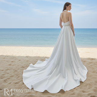 Vintage Simple Satin Halter Neck Wedding Dresses With Open Back