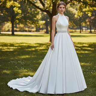 Vintage Simple Satin Halter Neck Wedding Dresses With Open Back
