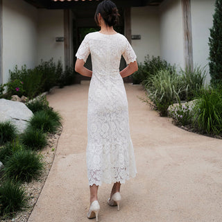 O-neck Elegant Short Sleeves Lace Midi Dress with Tiered Skirt - Rosymae