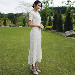 O-neck Elegant Short Sleeves Lace Midi Dress with Tiered Skirt - Rosymae