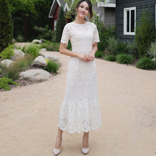 O-neck Elegant Short Sleeves Lace Midi Dress with Tiered Skirt - Rosymae