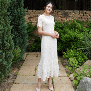O-neck Elegant Short Sleeves Lace Midi Dress with Tiered Skirt - Rosymae