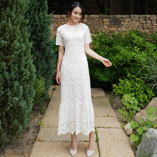 O-neck Elegant Short Sleeves Lace Midi Dress with Tiered Skirt - Rosymae