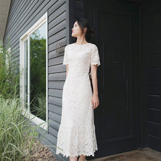 O-neck Elegant Short Sleeves Lace Midi Dress with Tiered Skirt - Rosymae