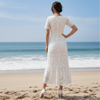 O-neck Elegant Short Sleeves Lace Midi Dress with Tiered Skirt - Rosymae