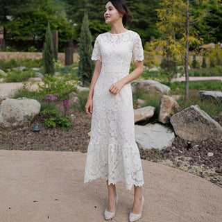 O-neck Elegant Short Sleeves Lace Midi Dress with Tiered Skirt - Rosymae