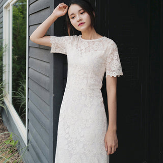 O-neck Elegant Short Sleeves Lace Midi Dress with Tiered Skirt - Rosymae