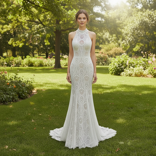 Elegant High-Neck Lace Mermaid Wedding Dresses Bridal Gowns