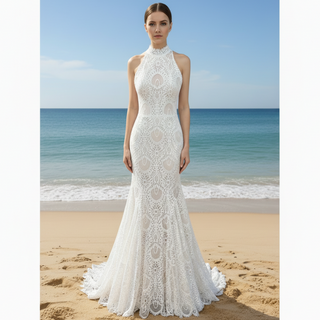 Elegant High-Neck Lace Mermaid Wedding Dresses Bridal Gowns
