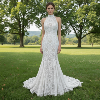 Elegant High-Neck Lace Mermaid Wedding Dresses Bridal Gowns