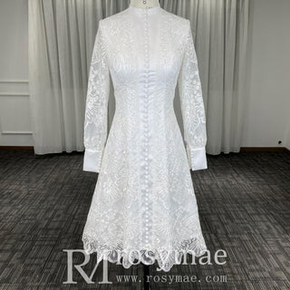 Elegant Tea Length Long Sleeve A-Line Lace Wedding Dresses